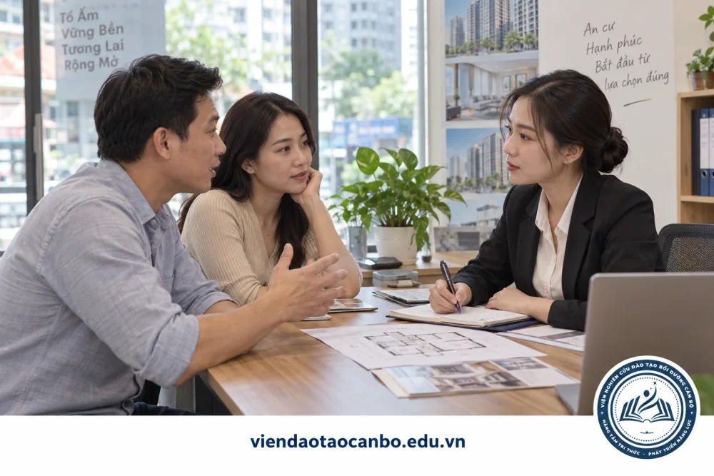 Môi giới lắng nghe nhu cầu của khách hàng trong buổi tư vấn bất động sản