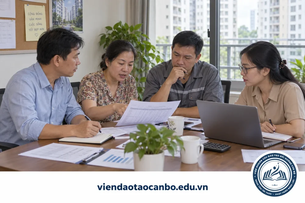 Ban quản trị và nhân viên vận hành trao đổi kế hoạch bảo trì chung cư