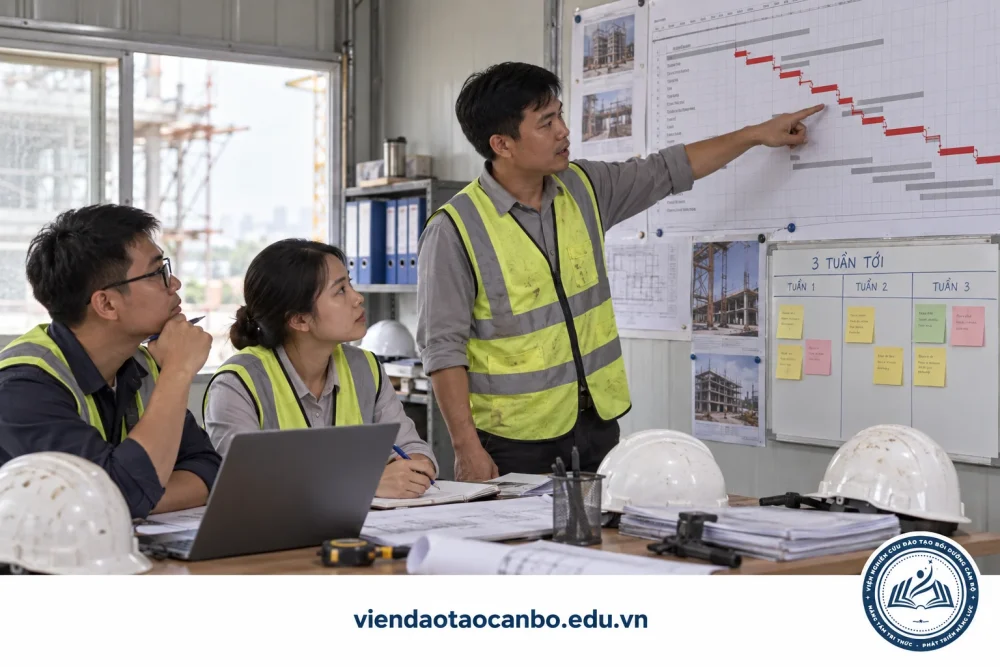 Nhóm kỹ sư trao đổi tiến độ và kế hoạch thi công ngắn hạn