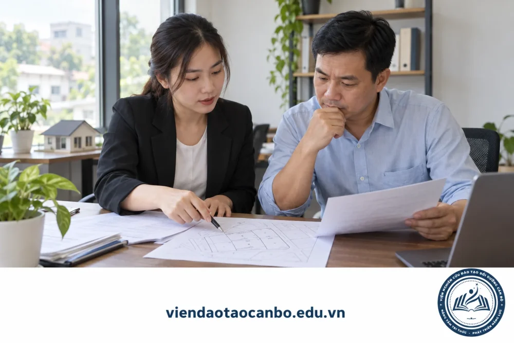 Môi giới và người tư vấn rà soát bộ hồ sơ bất động sản trước khi nhận giới thiệu