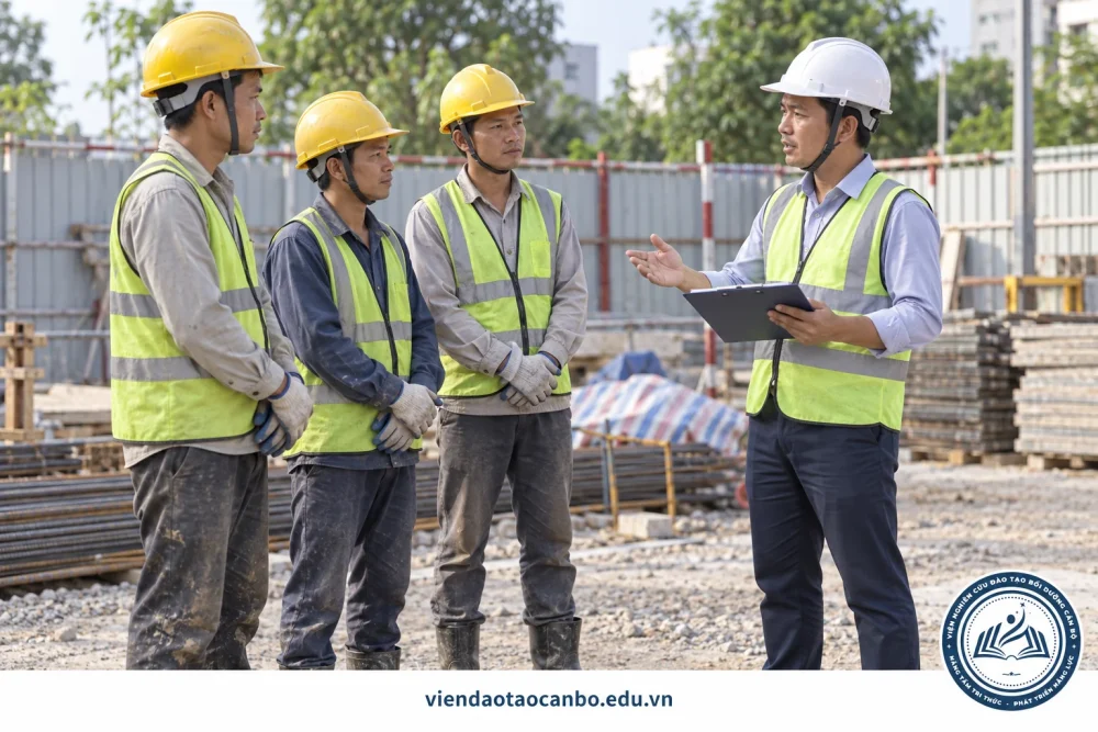 Cán bộ an toàn trao đổi biện pháp kiểm soát nguy cơ với nhóm công nhân trước ca làm
