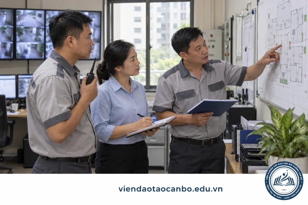 Nhân viên vận hành và kỹ thuật trao đổi phương án xử lý sự cố trong phòng trực