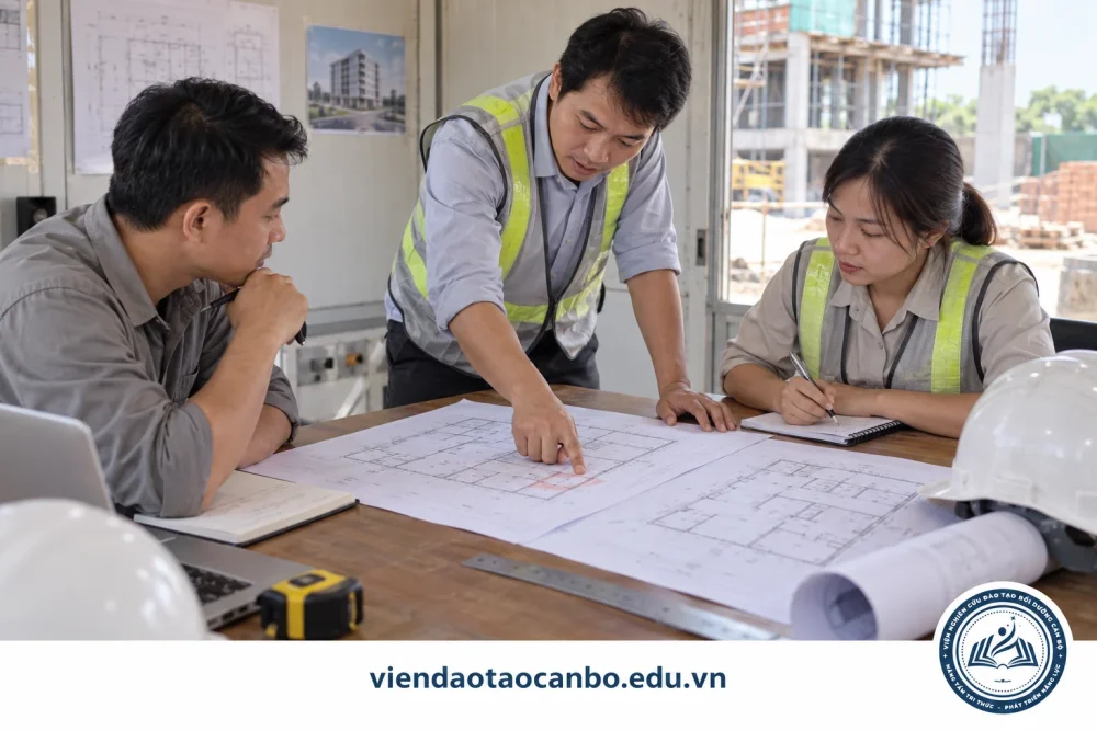 Nhóm kỹ sư đối chiếu bản vẽ để đánh giá thay đổi thiết kế