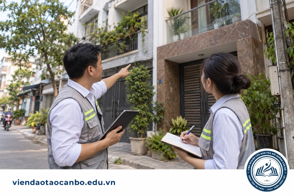Hai người khảo sát ghi nhận đặc điểm các căn nhà trên cùng tuyến phố