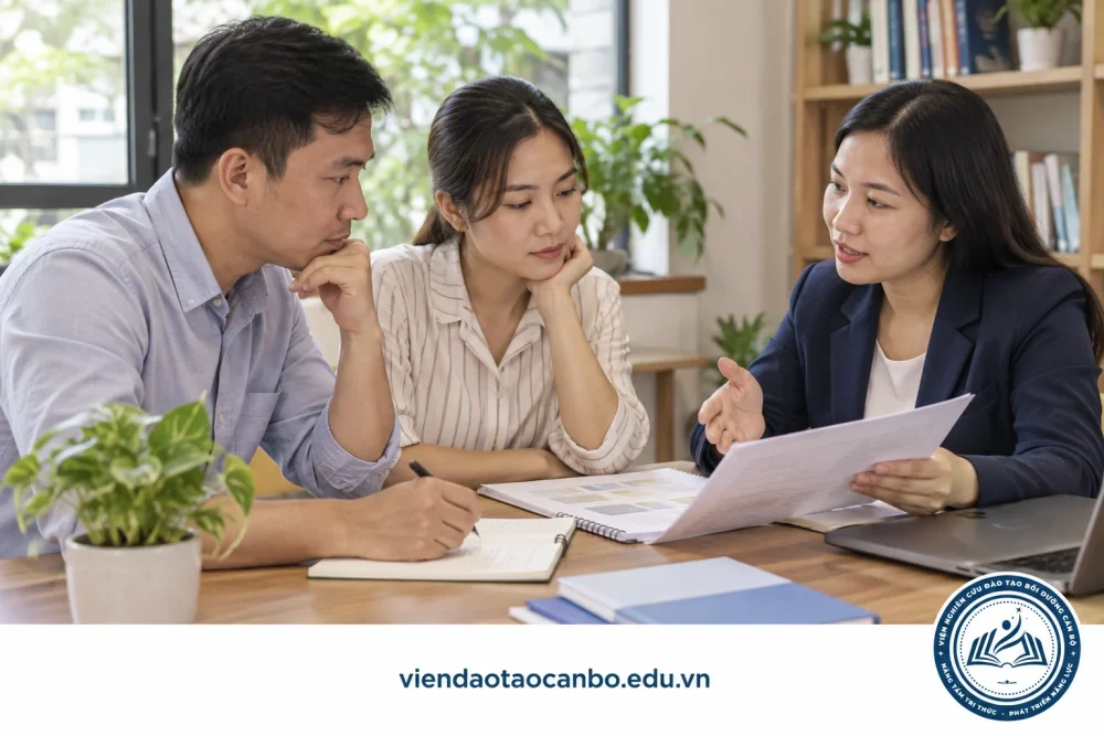 Người học và người tư vấn trao đổi mục tiêu bồi dưỡng hoặc ôn thi đấu thầu