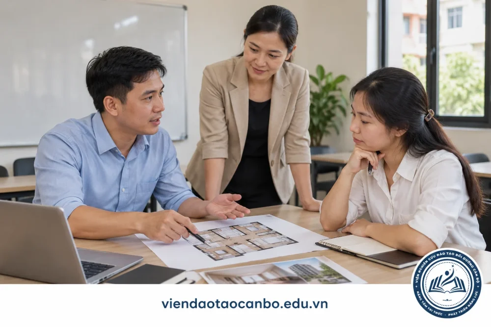 Hai học viên thực hành trao đổi nhu cầu khách hàng trong buổi học môi giới