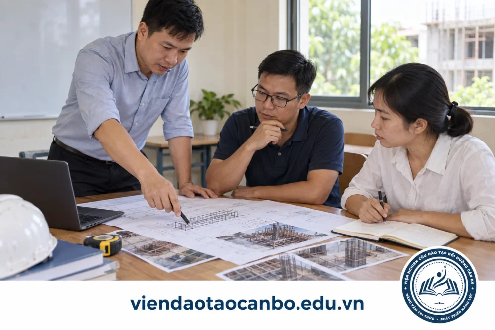 Nhóm kỹ sư học viên trao đổi cách kiểm tra chất lượng công việc xây dựng