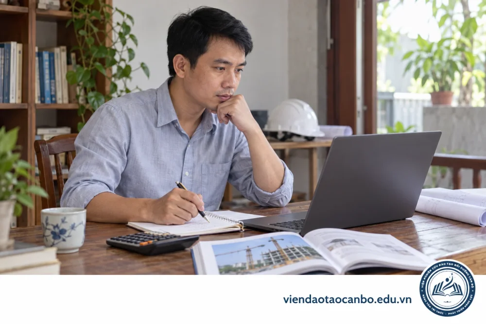 Kỹ sư đối chiếu thông tin học phí và tài liệu trước khi chọn khóa chỉ huy trưởng
