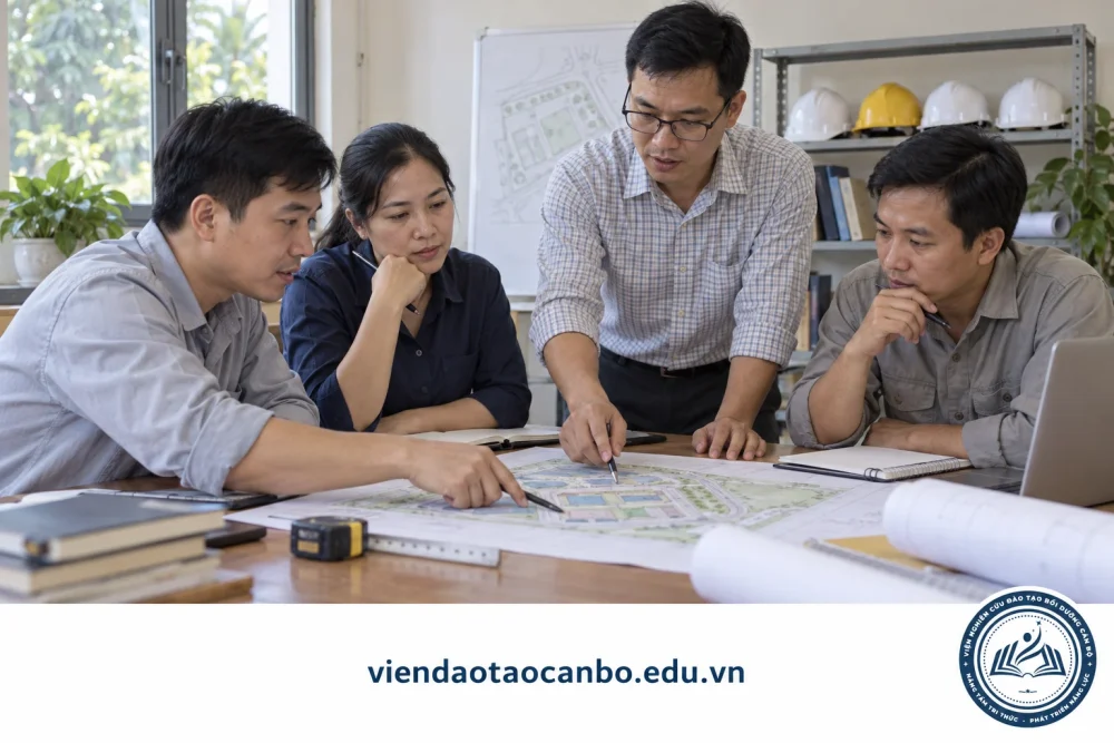 Người hướng dẫn trao đổi kế hoạch thi công với nhóm học viên kỹ thuật