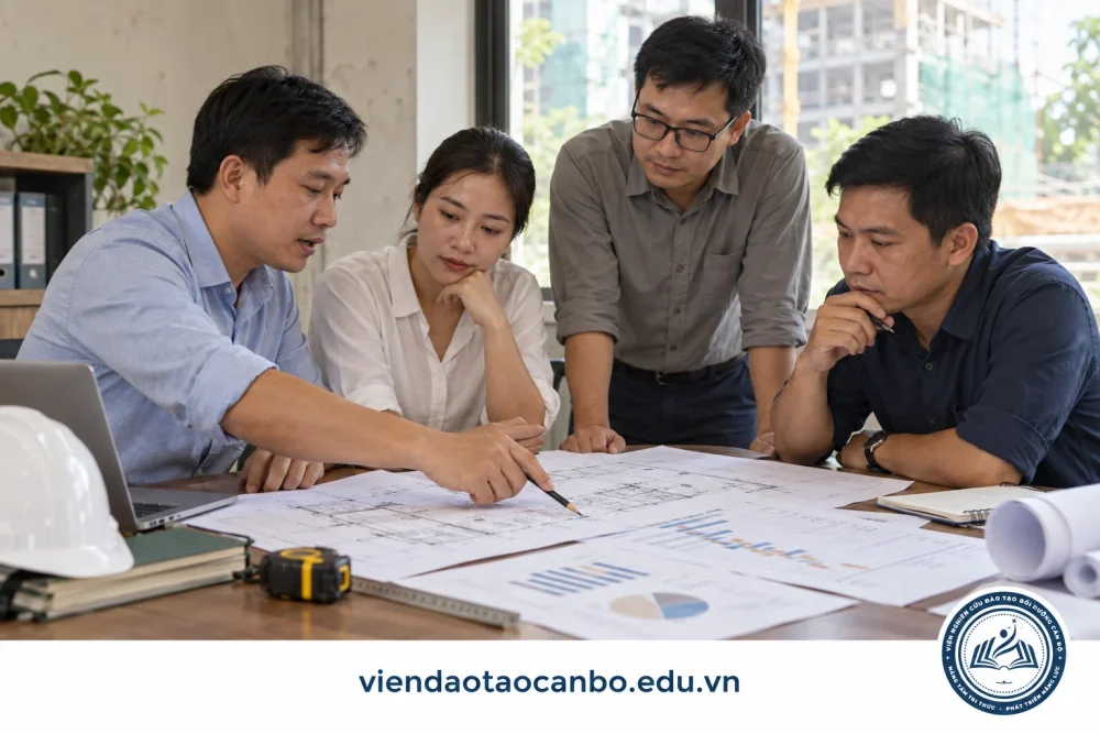Nhóm học viên trao đổi về tiến độ chi phí và chất lượng của một dự án mẫu