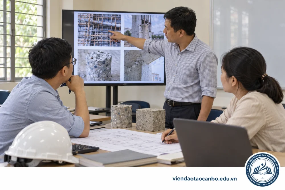Người hướng dẫn cùng kỹ sư học viên phân tích hồ sơ chất lượng xây dựng