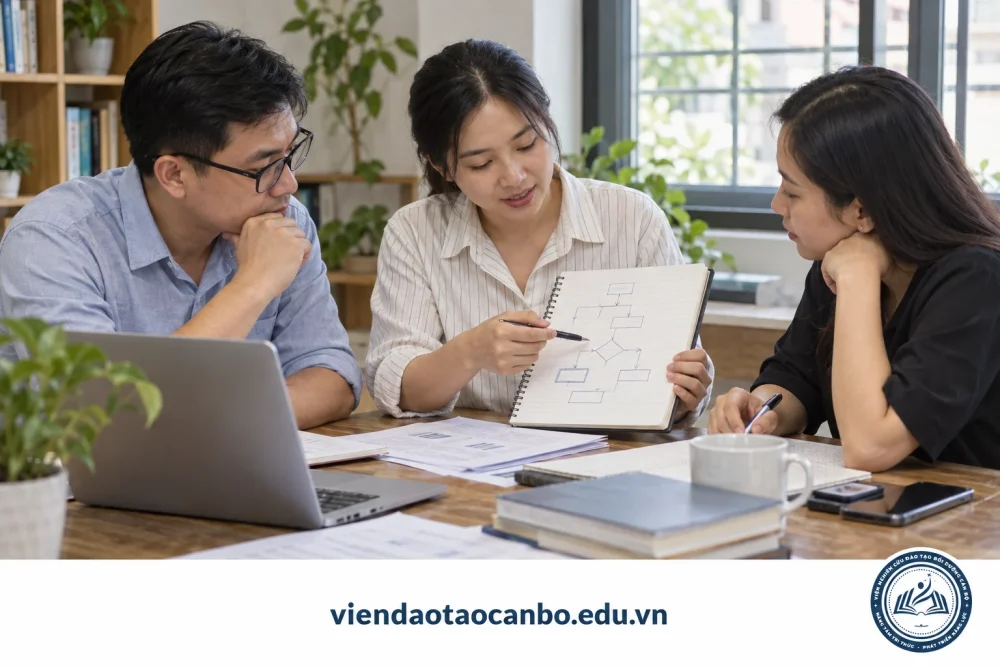 Nhóm người học trao đổi cách phân tích tình huống và kiểm tra kiến thức đấu thầu