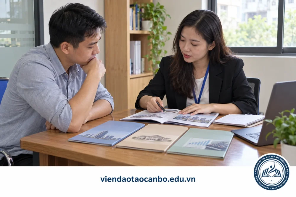 Người học trao đổi về lựa chọn học môi giới hoặc các chuyên đề bất động sản liên quan