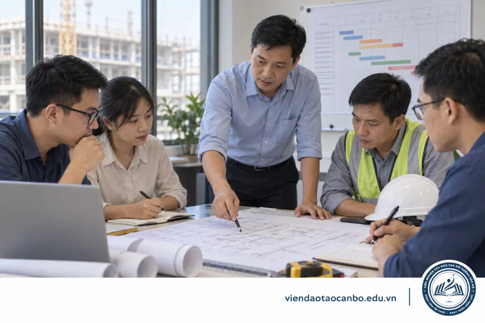 Đội ngũ quản lý dự án trao đổi tình huống xây dựng