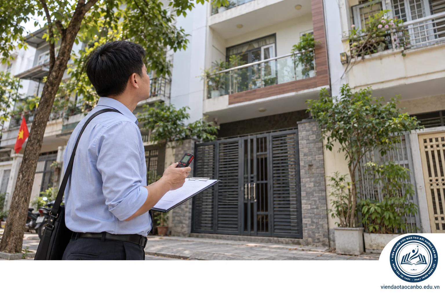 Nhân sự định giá ghi nhận hiện trạng nhà ở từ vị trí quan sát trên vỉa hè
