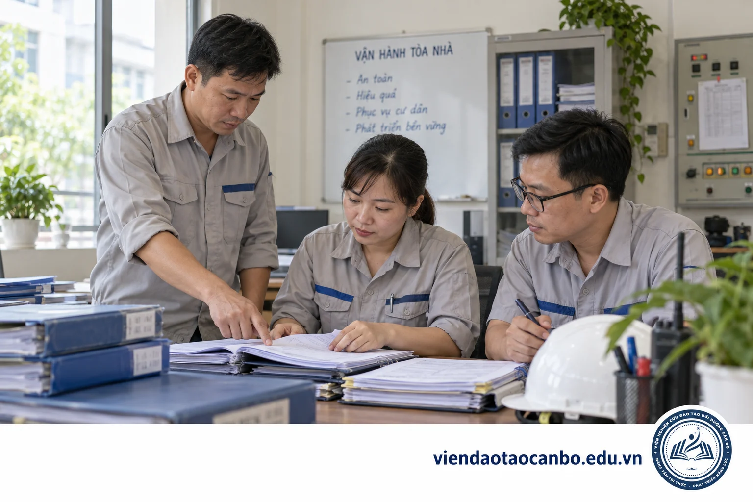 Nhân viên vận hành tòa nhà cùng rà soát các tập hồ sơ quản lý