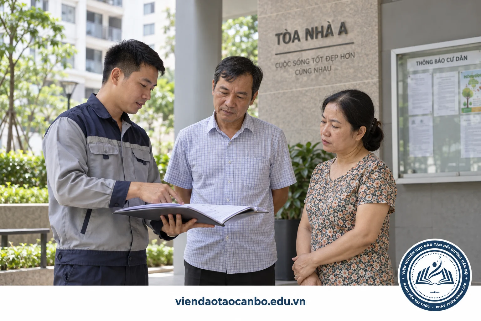 Nhân viên vận hành và đại diện cư dân trao đổi kế hoạch bảo trì tòa nhà