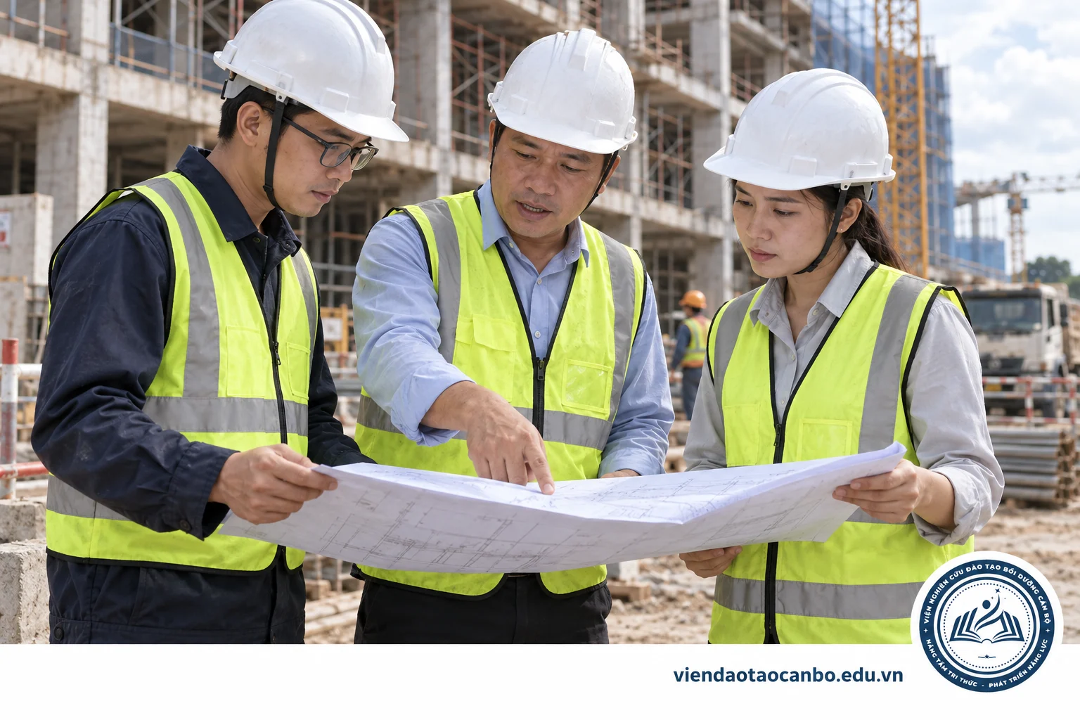 Chỉ huy công trường trao đổi kế hoạch với kỹ sư trong khu vực an toàn