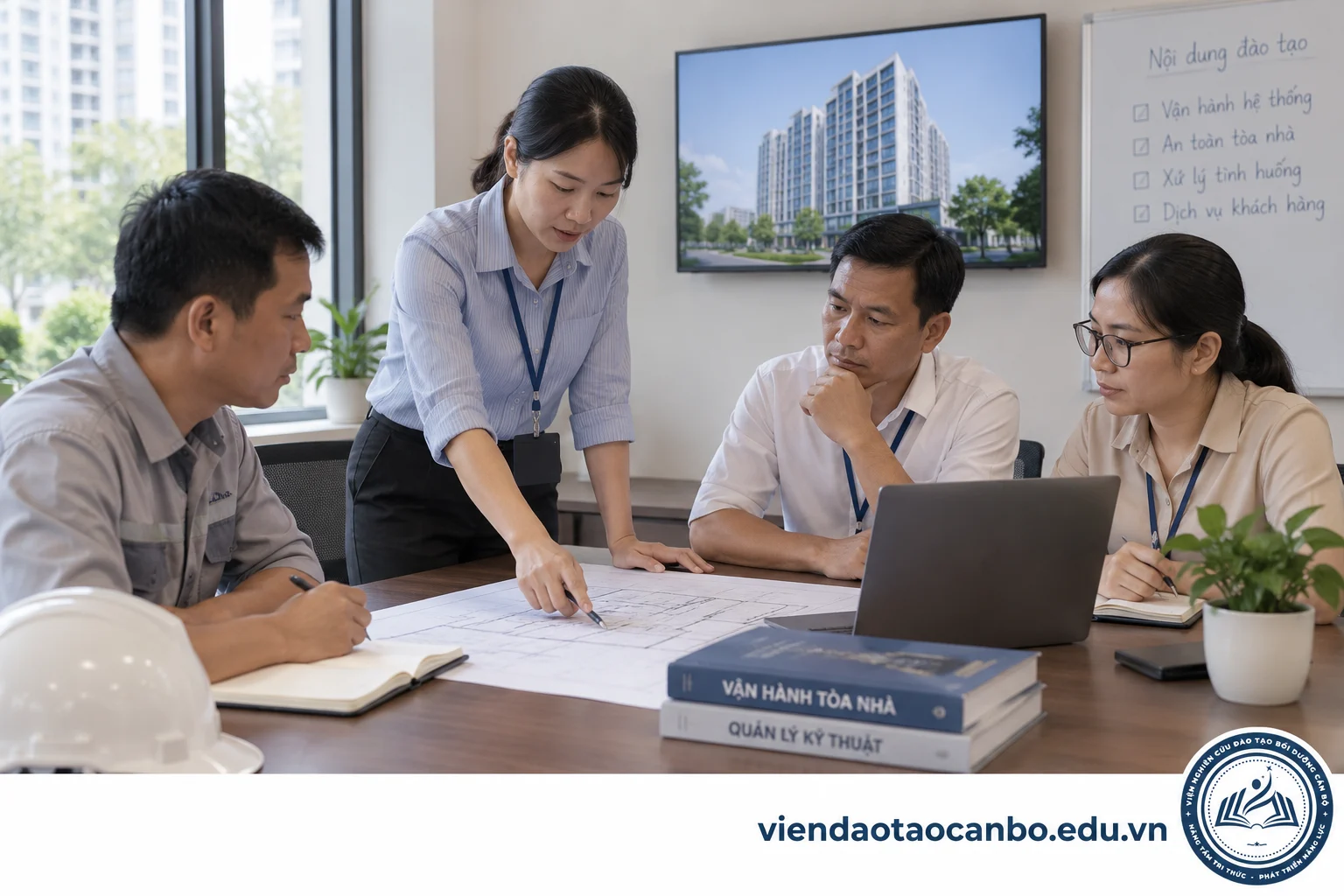 Nhóm nhân sự quản lý tòa nhà học nghiệp vụ vận hành trong phòng họp