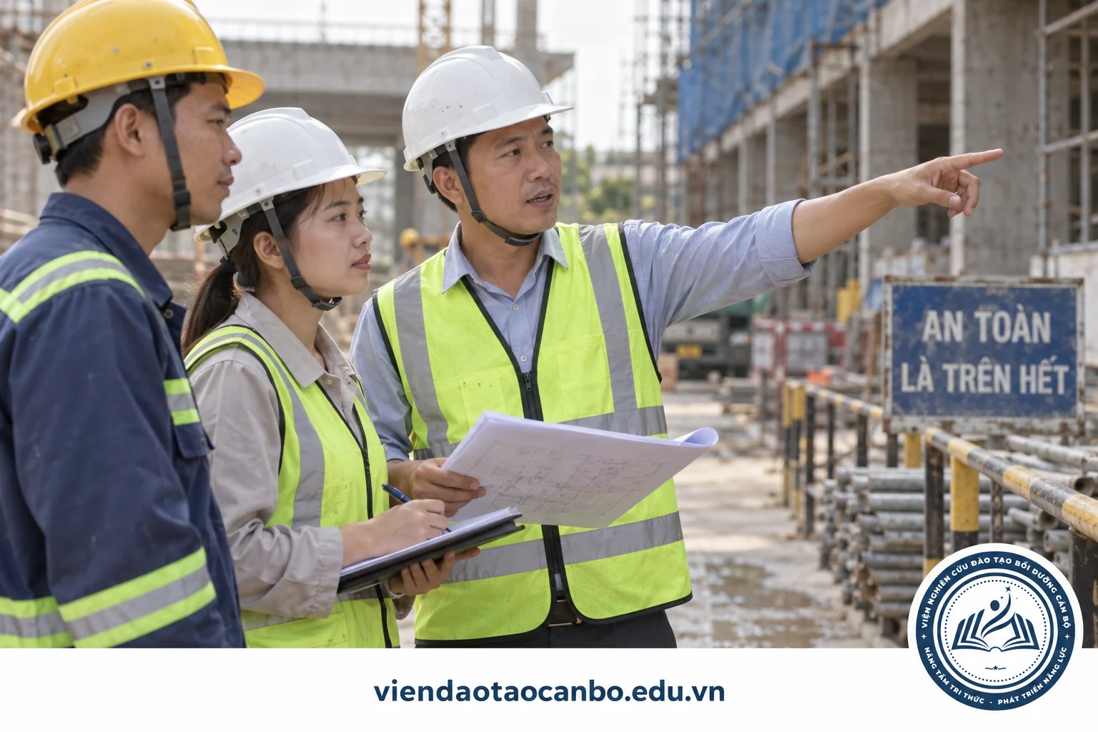 Kỹ sư an toàn đội mũ bảo hộ hướng dẫn nhóm nhân sự tại lối đi công trường