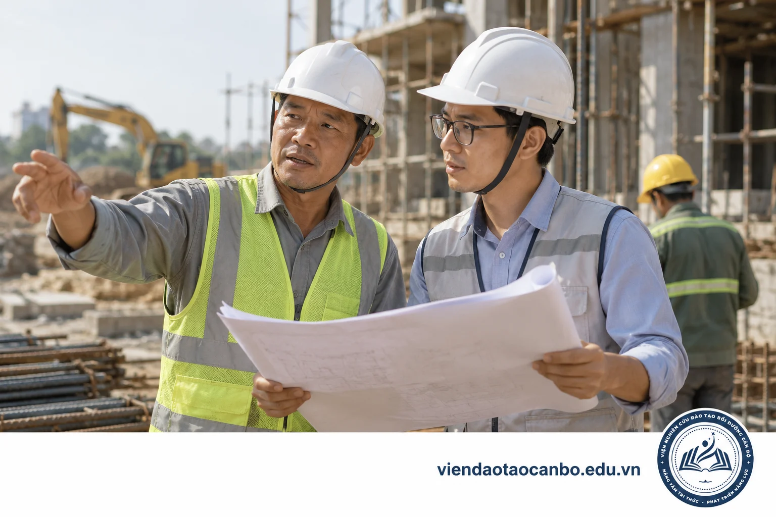 Chỉ huy trưởng và kỹ sư đội mũ bảo hộ trao đổi kế hoạch công việc tại công trường