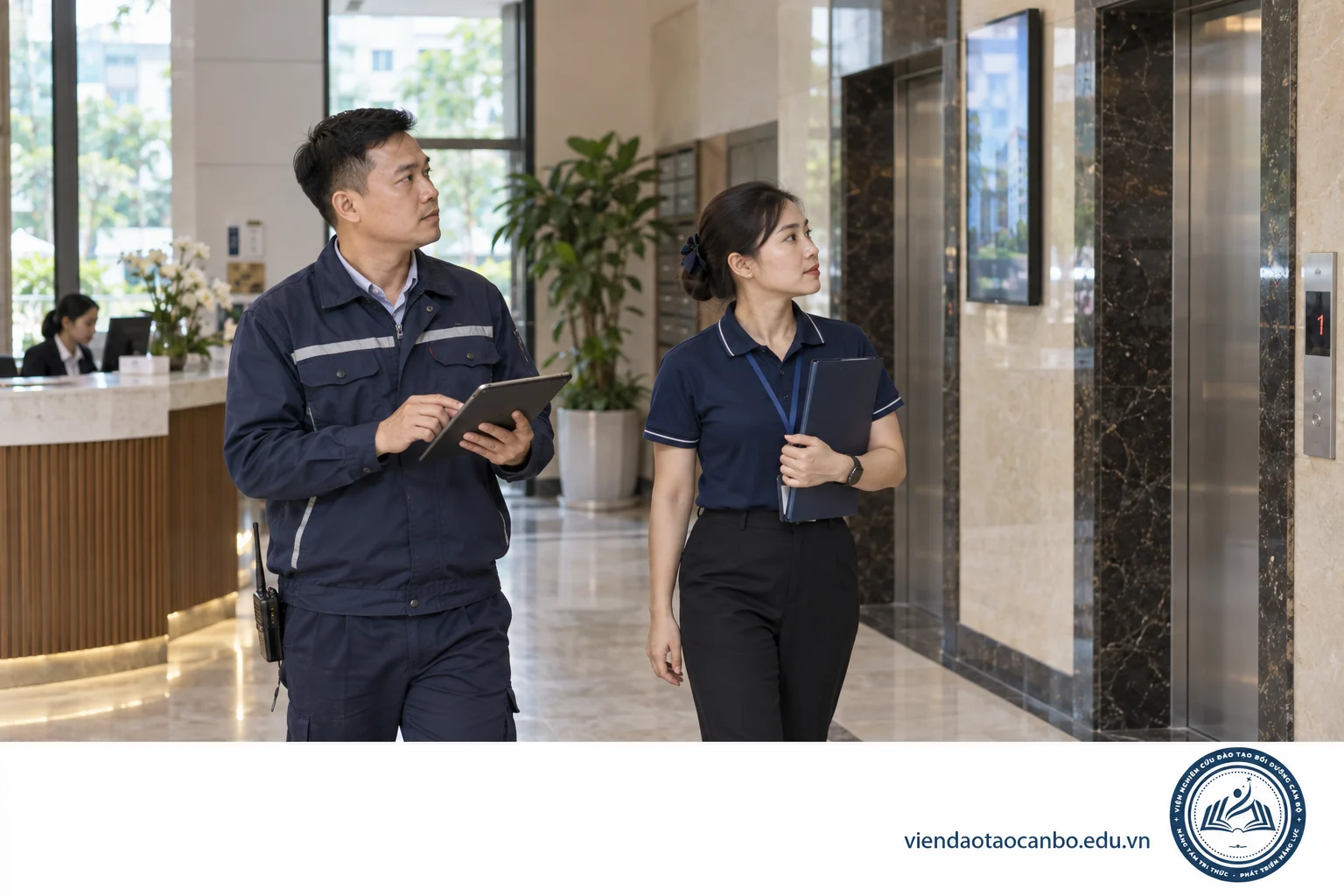 Nhân sự quản lý vận hành kiểm tra sảnh và khu vực thang máy của chung cư