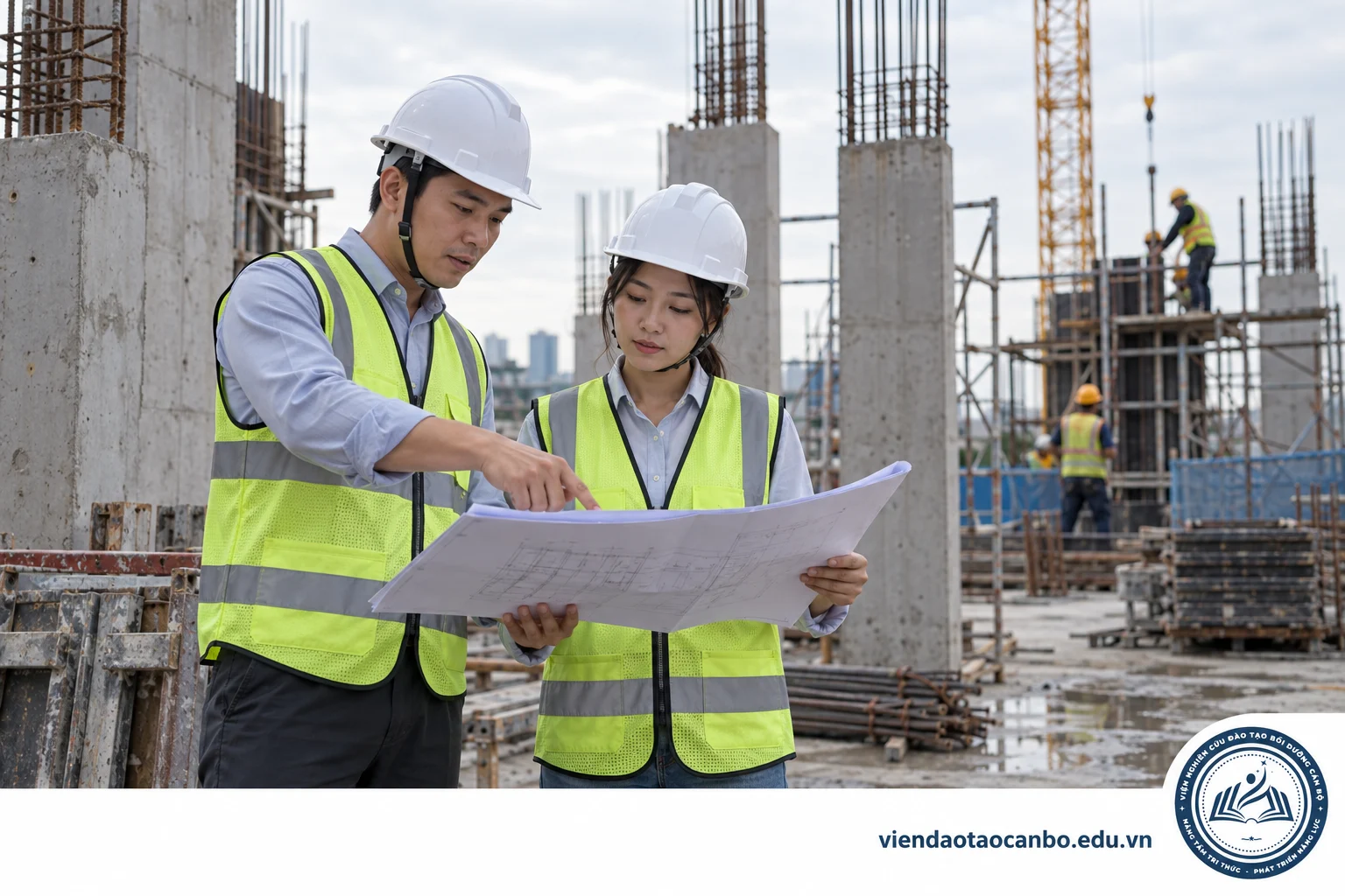 Kỹ sư giám sát đối chiếu bản vẽ tại công trường với trang bị bảo hộ