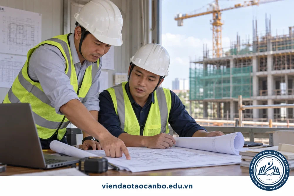 Kỹ sư trao đổi công việc chuyên môn tại văn phòng công trường