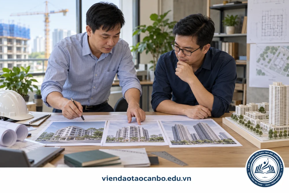 Kỹ sư trao đổi phạm vi công việc và kinh nghiệm dự án xây dựng