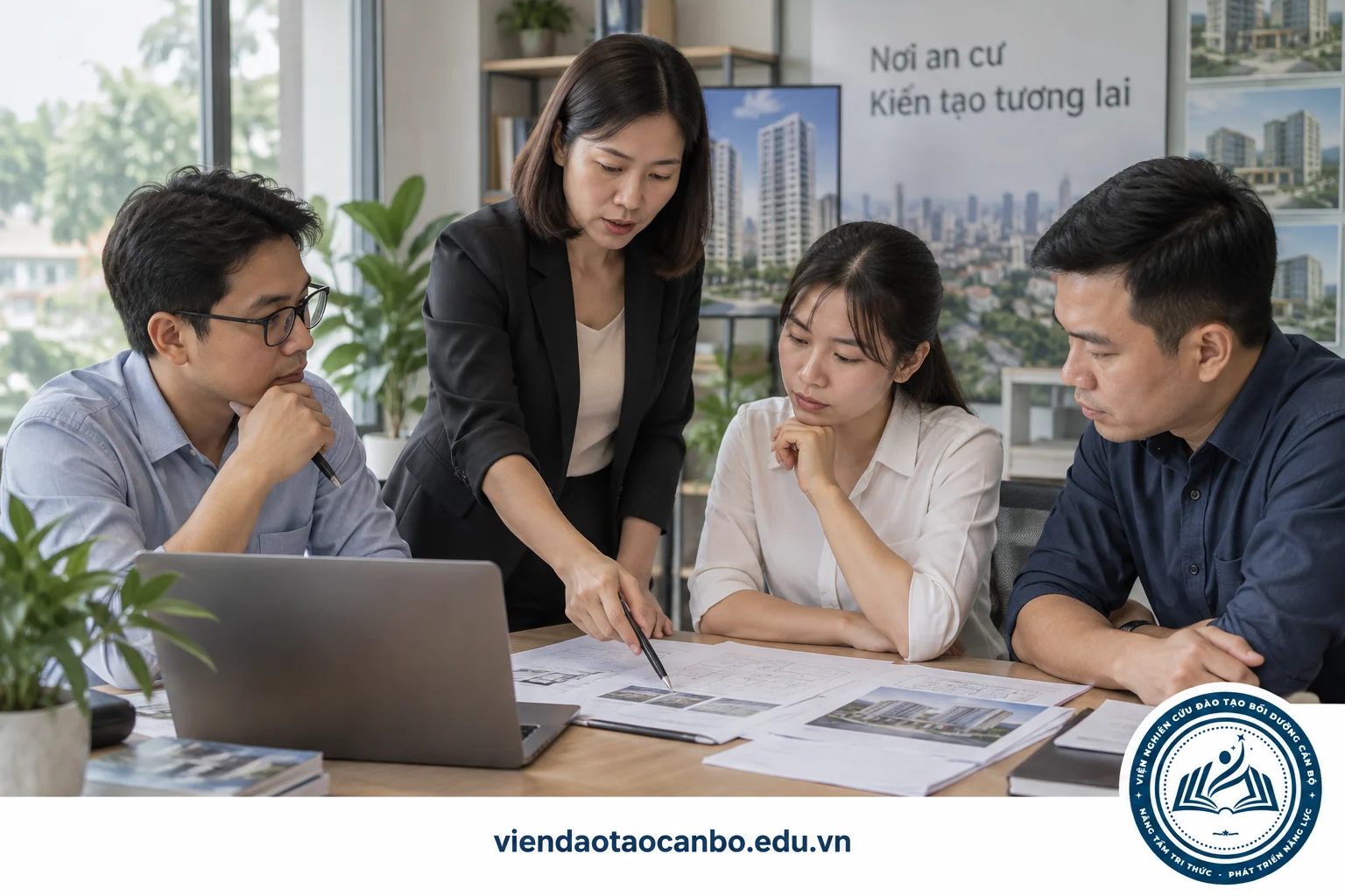 Quản lý sàn bất động sản trao đổi quy trình với nhóm nhân viên