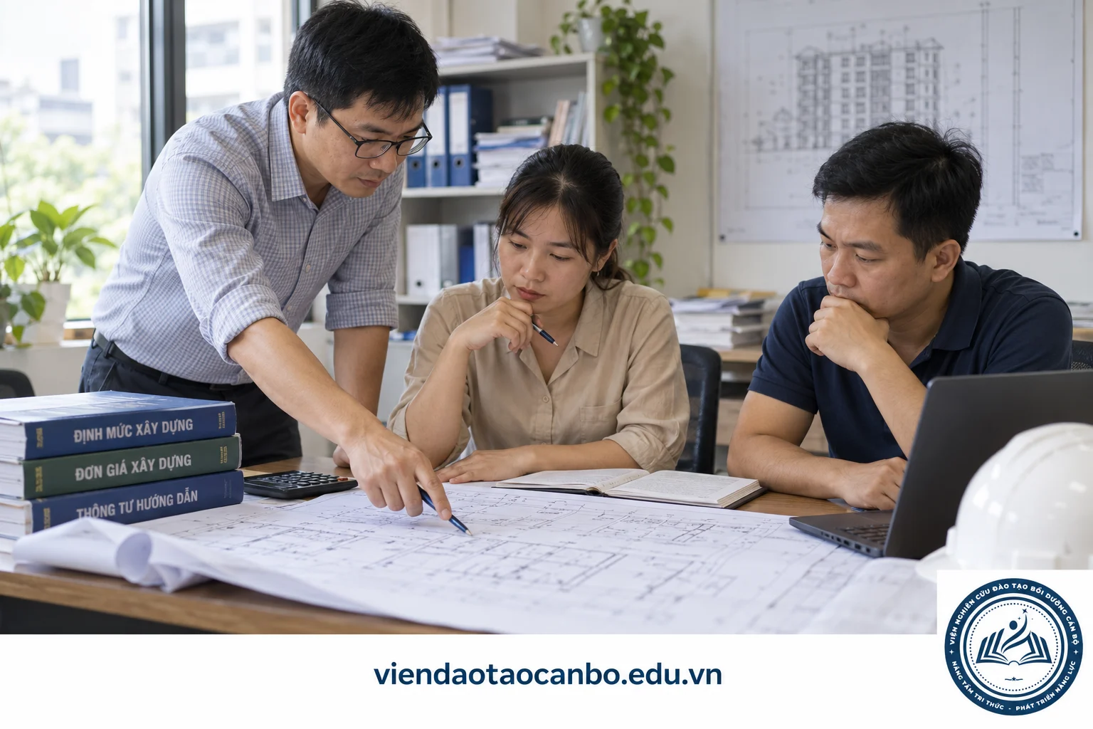 Kỹ sư dự toán đối chiếu định mức và đơn giá với bản vẽ