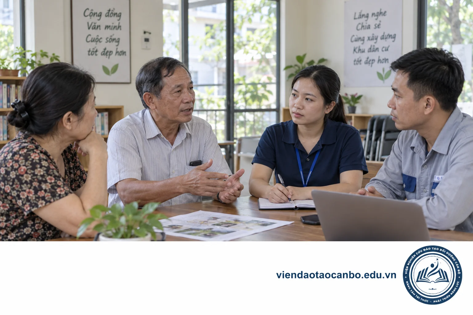 Nhóm đại diện cư dân và nhân viên vận hành trao đổi trong phòng sinh hoạt chung minh họa