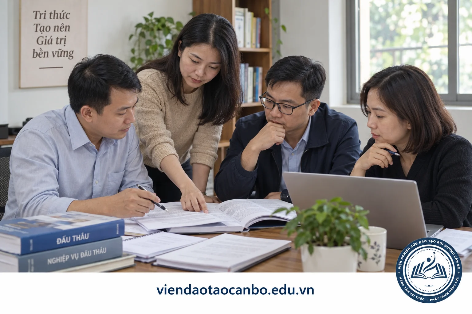 Nhóm người lớn học ôn tập nghiệp vụ đấu thầu với tài liệu trên bàn