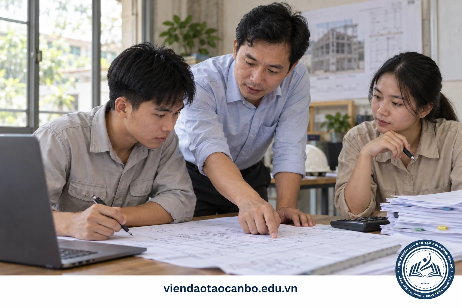 Người hướng dẫn hỗ trợ kỹ sư trẻ học đọc bản vẽ và lập dự toán