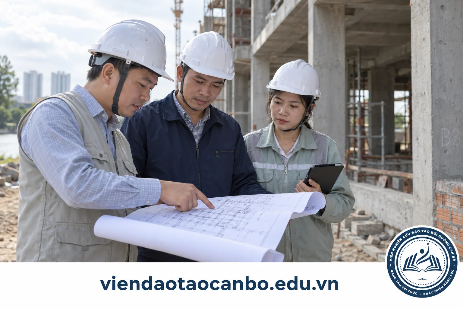 Nhóm kỹ sư đối chiếu bản vẽ hoàn công với hiện trạng công trình
