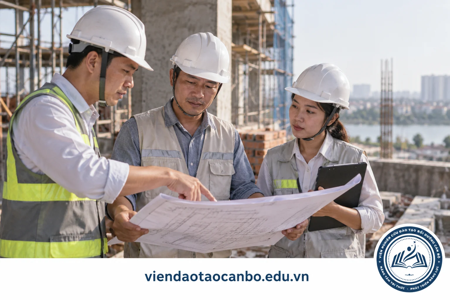 Nhóm kỹ sư đội mũ bảo hộ kiểm tra hạng mục xây dựng trước buổi nghiệm thu