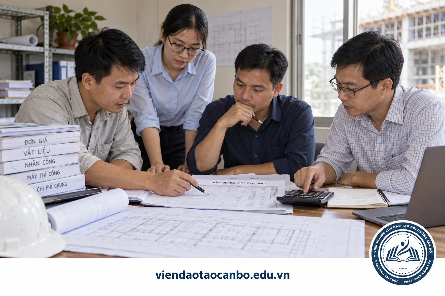 Nhóm kỹ sư phân tích các thành phần chi phí trong đơn giá xây dựng