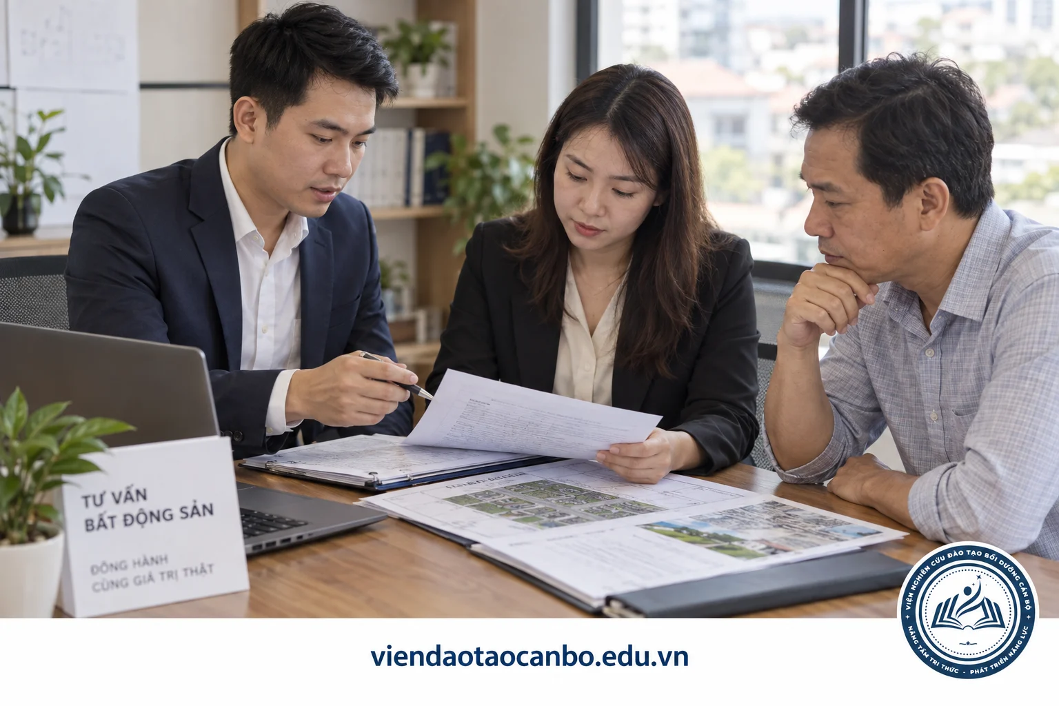 Nhân viên môi giới và người phụ trách pháp lý rà soát hồ sơ bất động sản