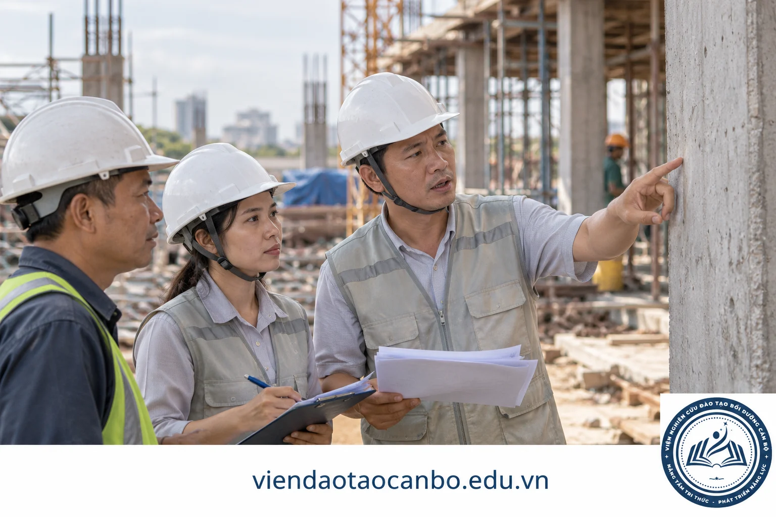 Kỹ sư giám sát đội mũ bảo hộ kiểm tra chất lượng hạng mục tại công trường