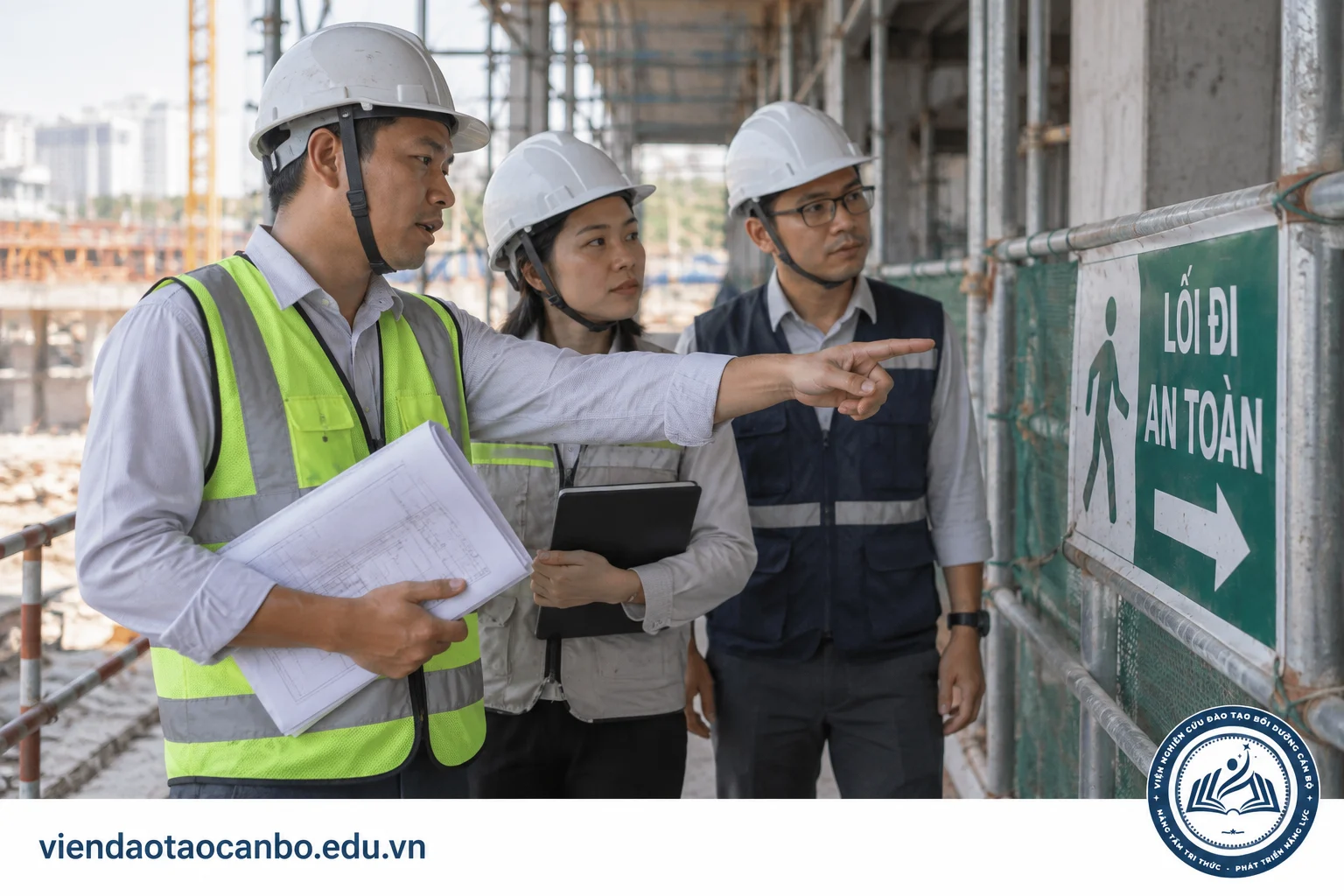 Nhóm kỹ sư đội mũ bảo hộ rà soát rủi ro tại lối đi an toàn công trường