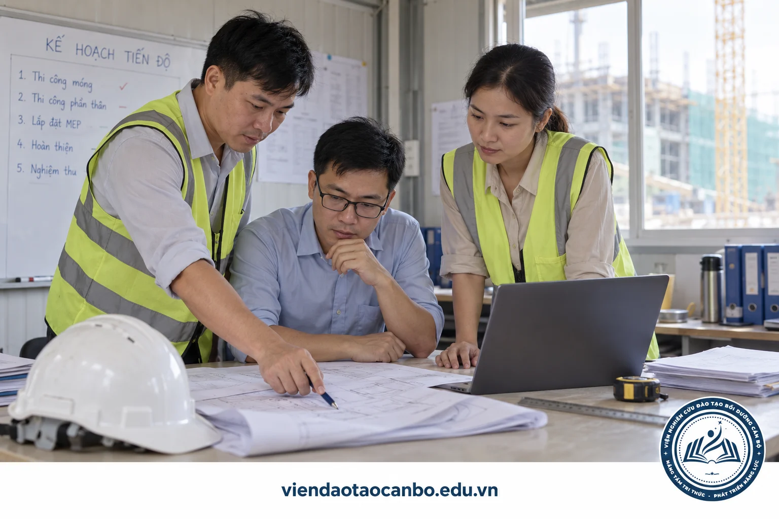 Nhóm quản lý dự án kiểm tra kế hoạch tiến độ trong văn phòng công trường