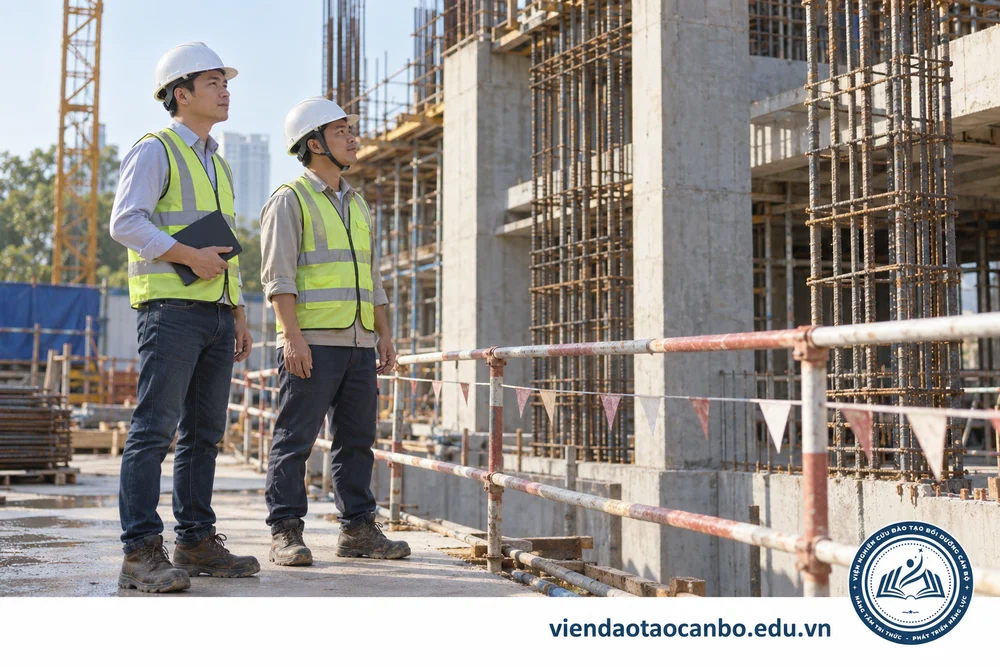 Nhân sự giám sát trao đổi về hiện trạng công trình xây dựng