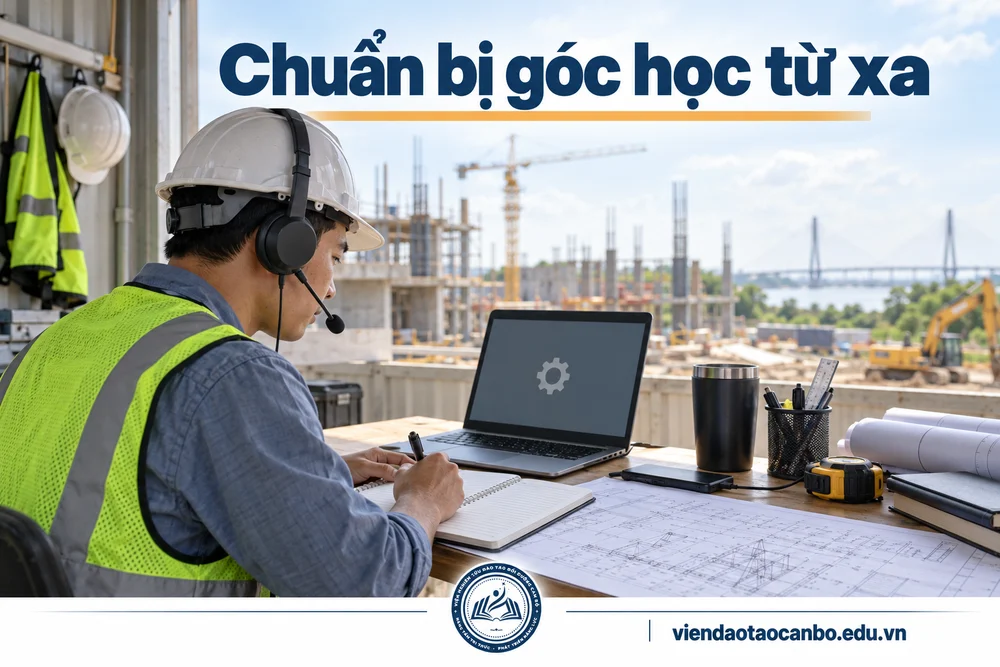 Chuẩn bị góc học từ xa trong bài Khóa học chỉ huy trưởng công trình tại Cần Thơ học Online qua Zoom cho học viên Tây Nam Bộ