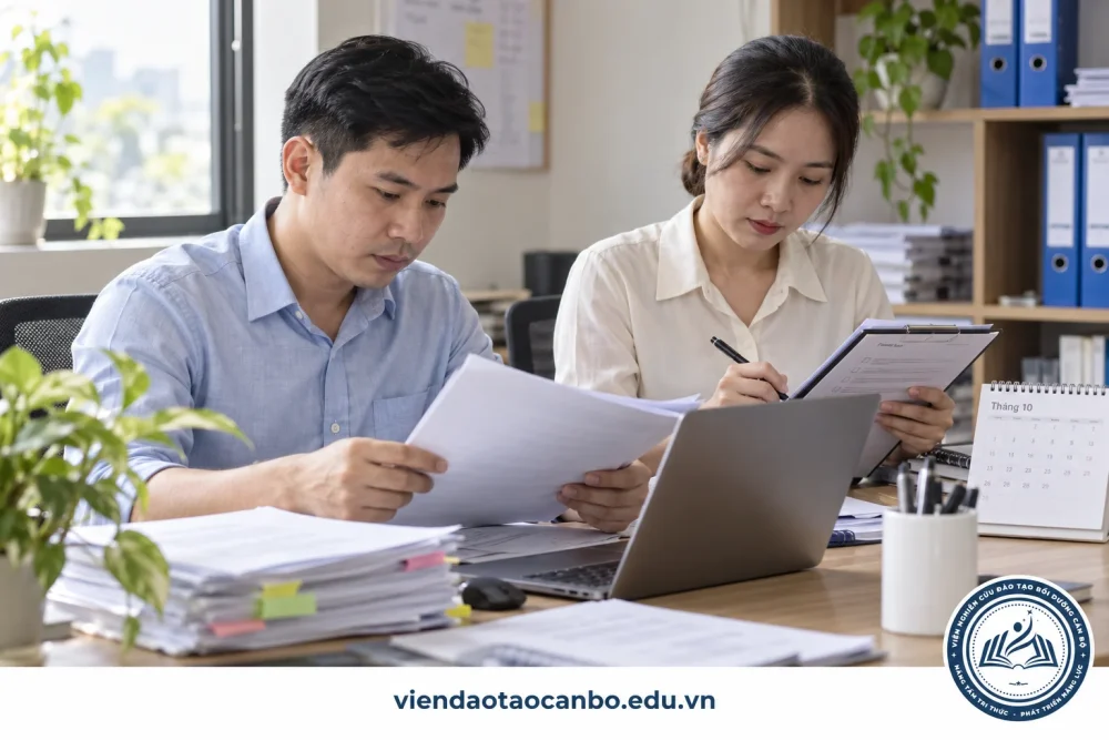 Hai chuyên viên đấu thầu đối chiếu hồ sơ giấy và thông tin trên máy tính