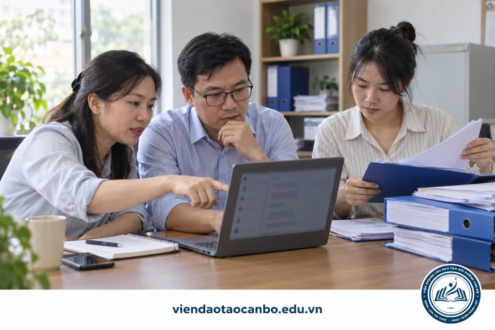 Nhóm chuyên viên đấu thầu đối chiếu yêu cầu làm rõ với hồ sơ đã nộp
