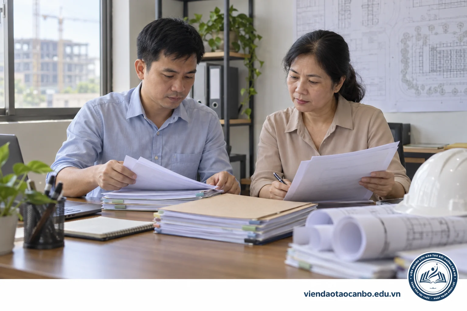 Kỹ sư và người tư vấn đối chiếu hồ sơ bên bàn làm việc