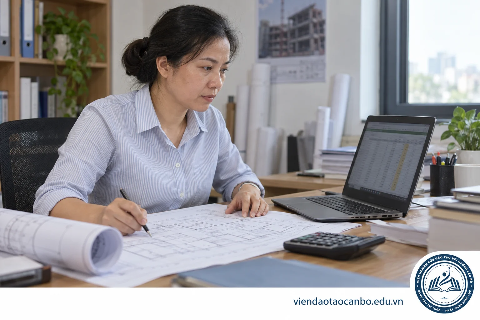 Kỹ sư đối chiếu bản vẽ với bảng tính chi phí trên máy tính