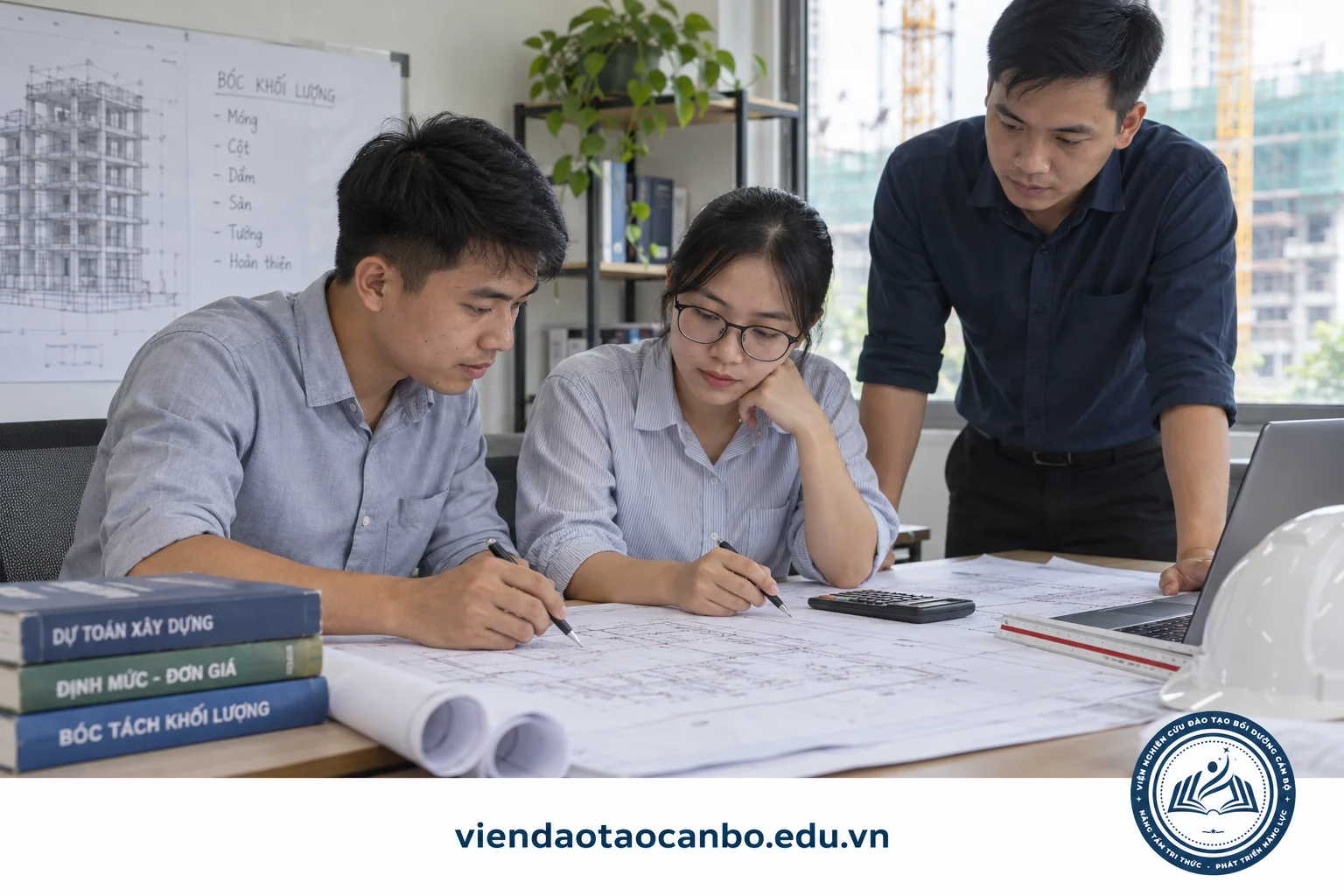 Kỹ sư trẻ học đo bóc khối lượng từ bản vẽ xây dựng