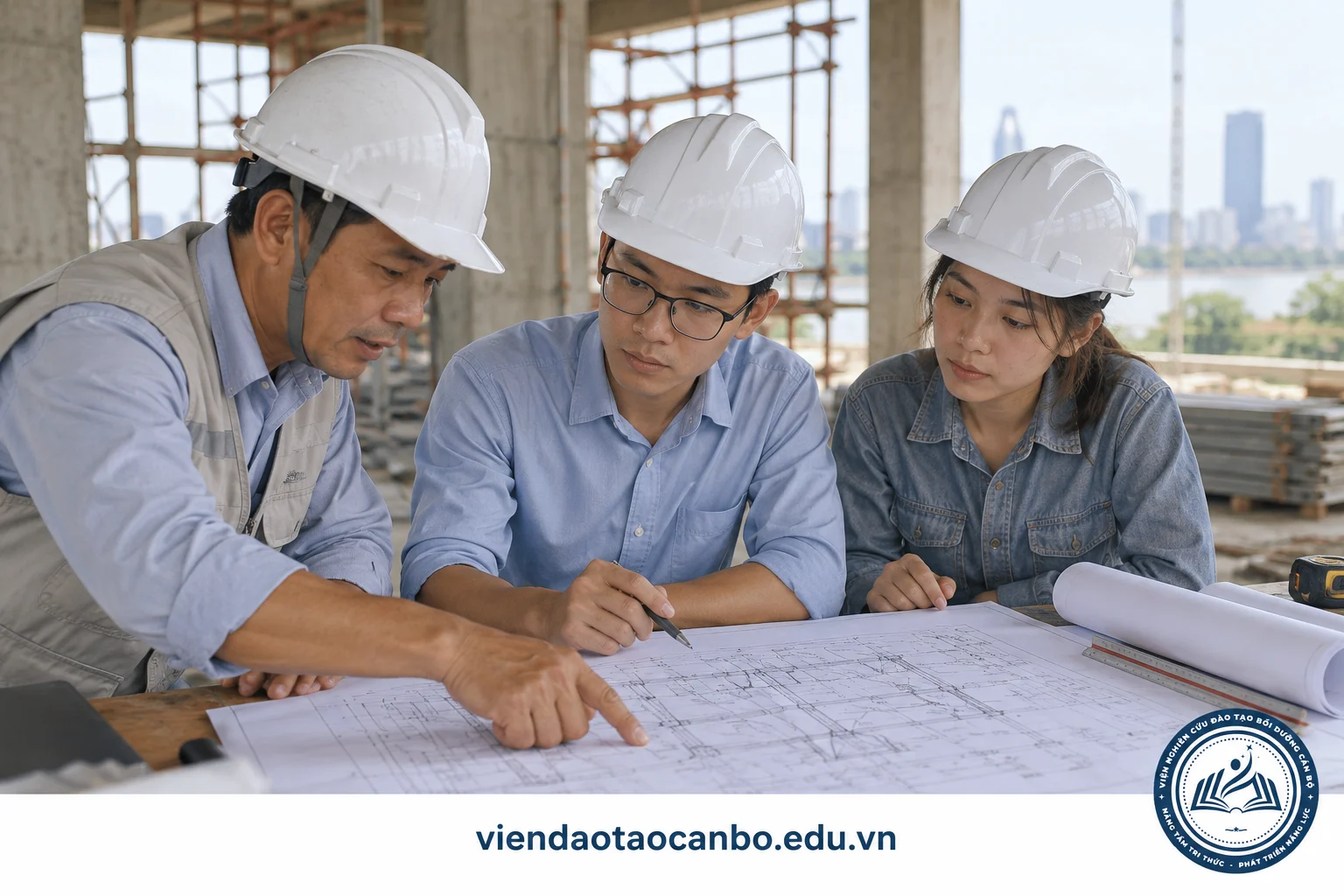 Người hướng dẫn và kỹ sư trẻ cùng đọc bản vẽ kết cấu