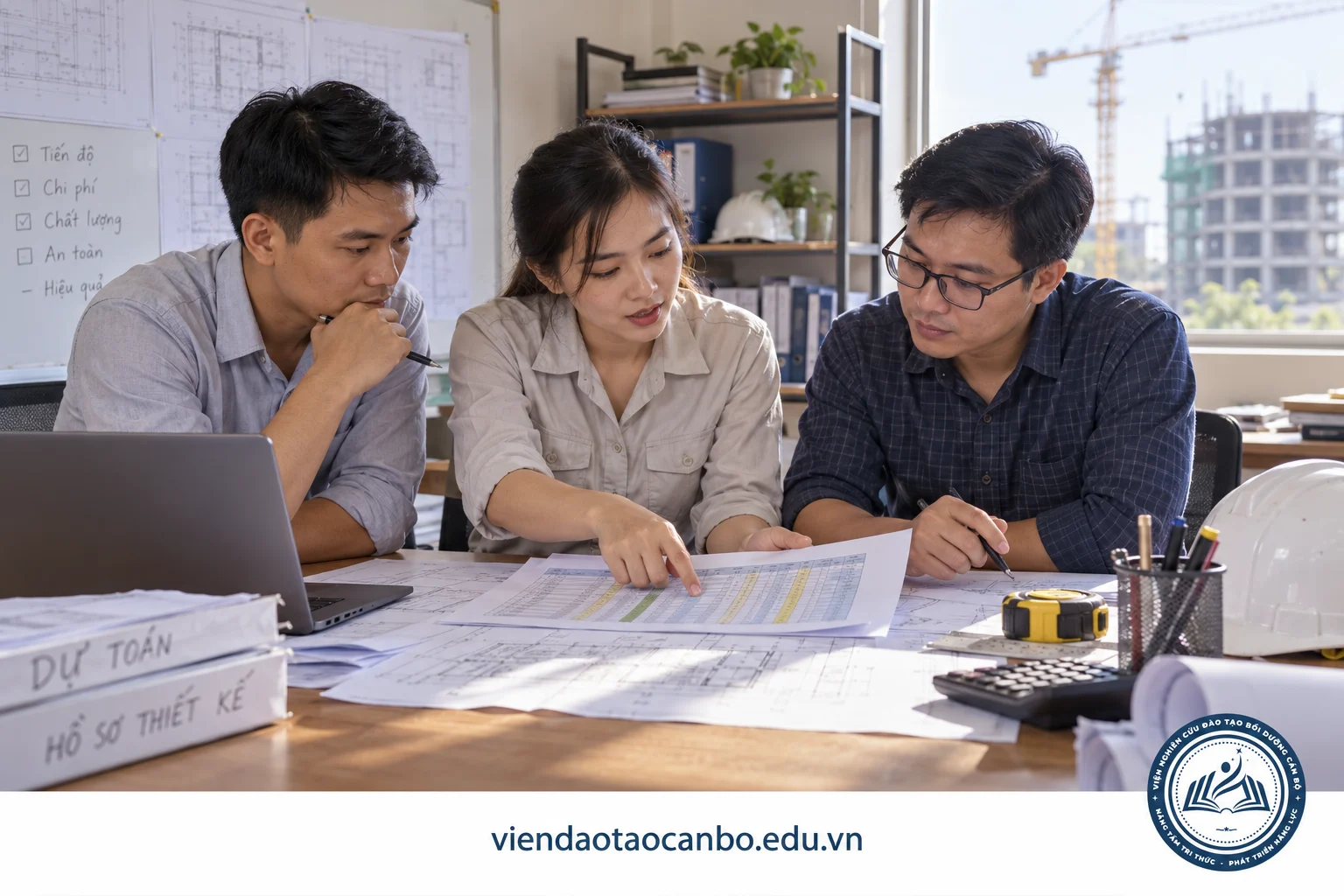 Nhóm kỹ sư đối chiếu dự toán và bản vẽ trong cuộc họp dự án